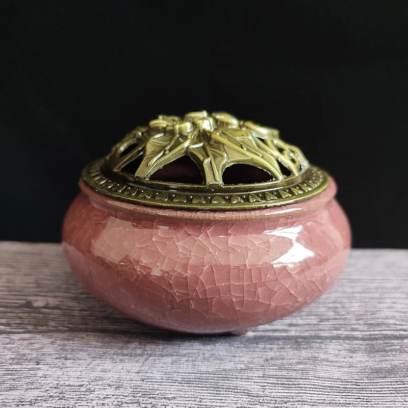 Ceramic Ice Crack Coil Incense Burner with Copper Cover