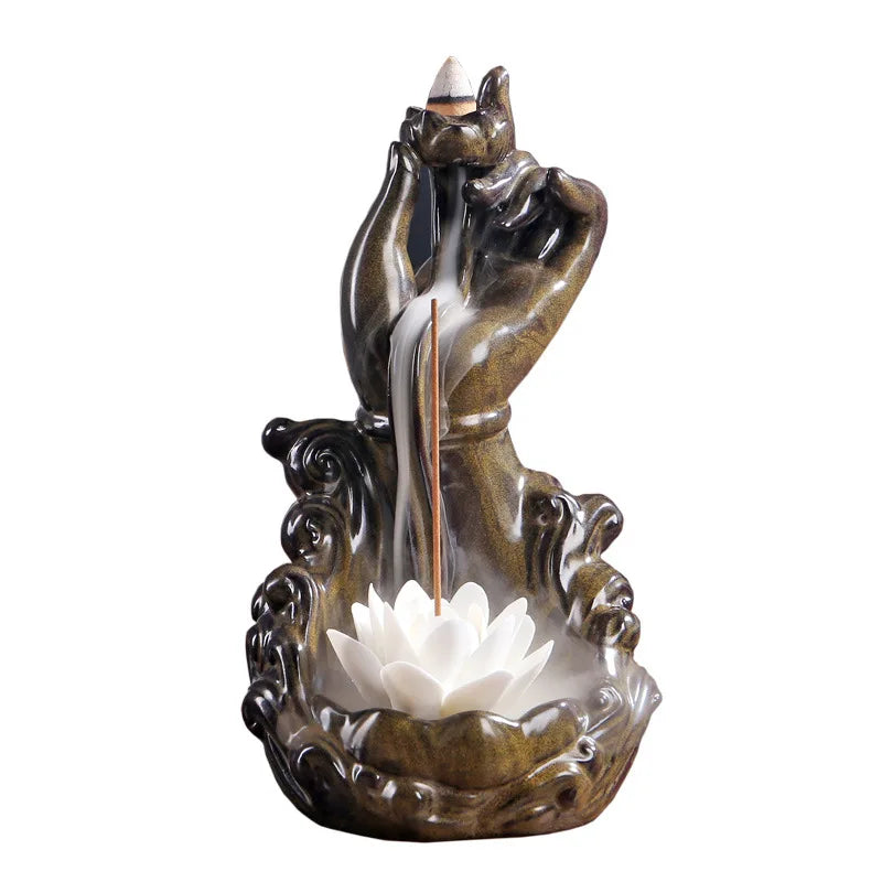 Incense Cones Stand Buddha Hand Monk Guanyin Blessing Lucky Feng Shui Decoration Waterfall Backflow