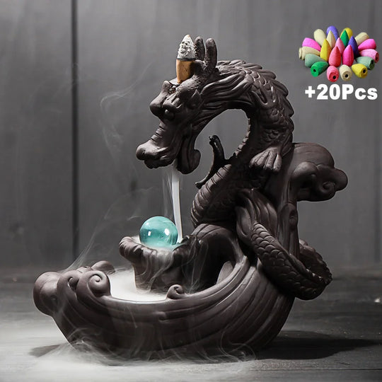 Hand Made Ceramic Backflow Dragon Incense burner with 50 cones