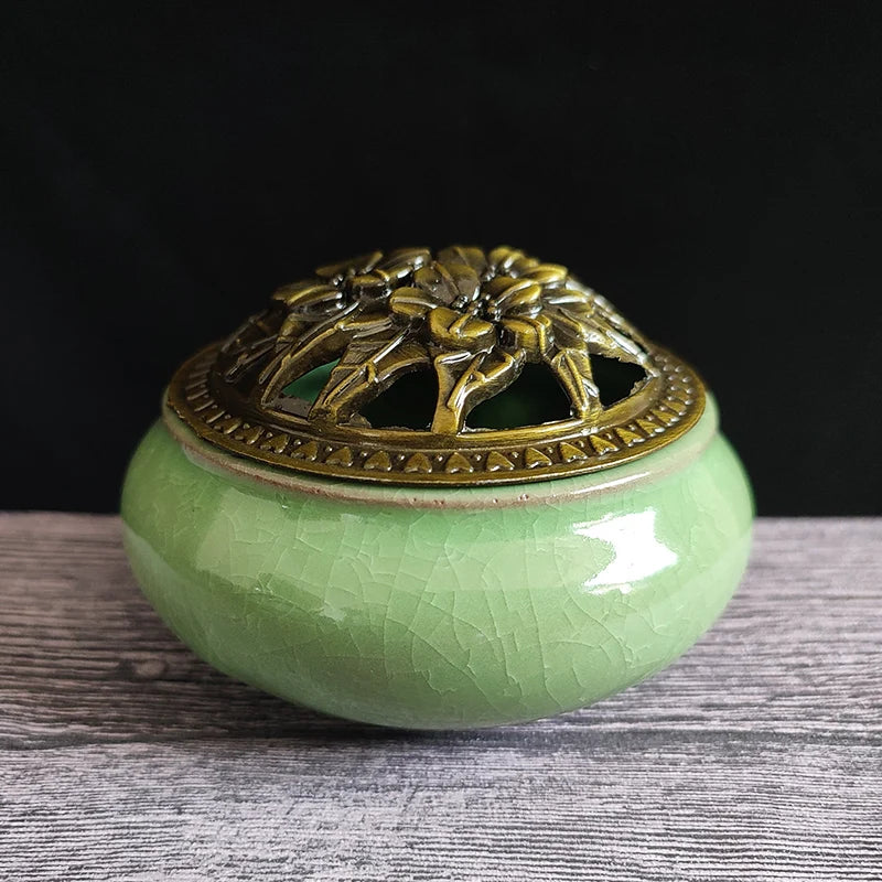 Ceramic Ice Crack Coil Incense Burner with Copper Cover