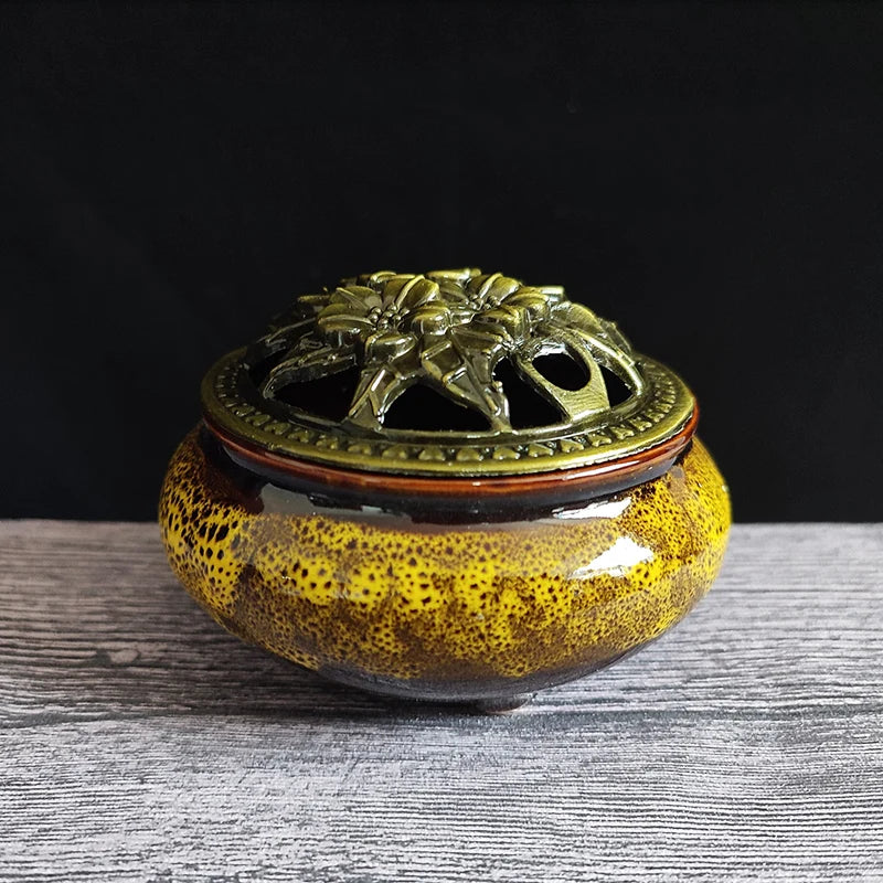Ceramic Ice Crack Coil Incense Burner with Copper Cover