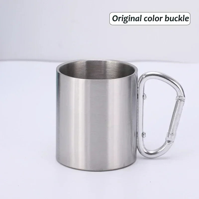 200ml Outdoor Camping Mug Stainless Steel Cup Traveling with Carabiner Handle Coffee Tea Mug Cookware Set Outdoor