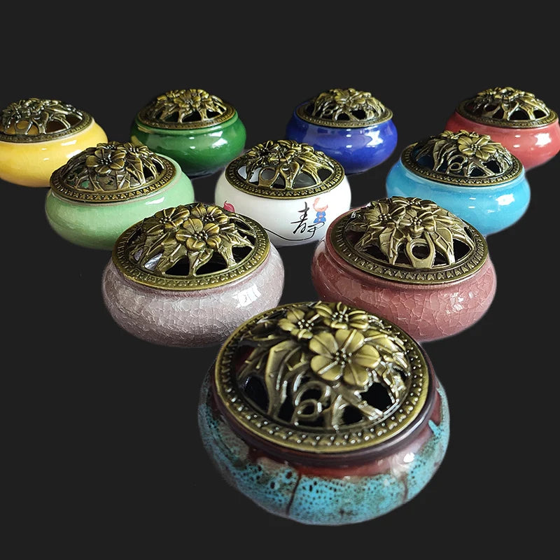 Ceramic Ice Crack Coil Incense Burner with Copper Cover