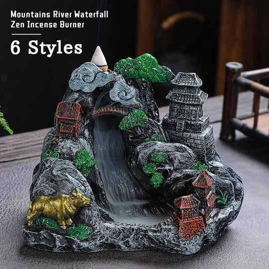 Mountains River Waterfall Incense Burner Fountain Backflow Aroma Smoke Censer Holder Office Home Unique Crafts+100 Incense Cones