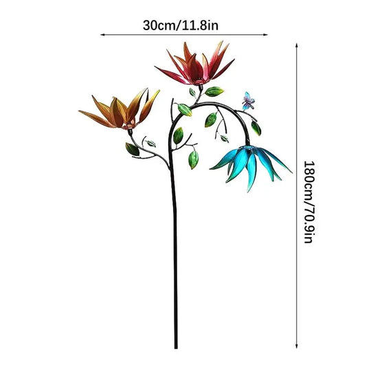 Large Metal Wind Spinner with Three Spinning Flowers Butterflies