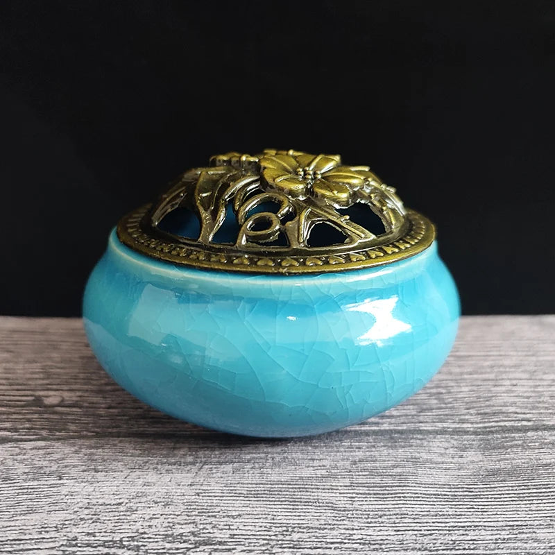 Ceramic Ice Crack Coil Incense Burner with Copper Cover