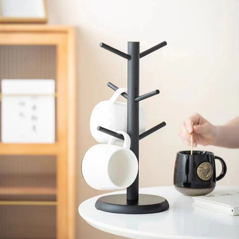 Bamboo Mug Hanging Display Rack Drinkware Shelf With 6 Hooks
