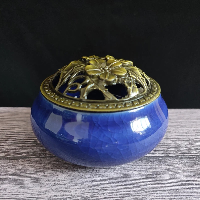 Ceramic Ice Crack Coil Incense Burner with Copper Cover