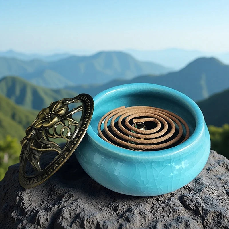 Ceramic Ice Crack Coil Incense Burner with Copper Cover