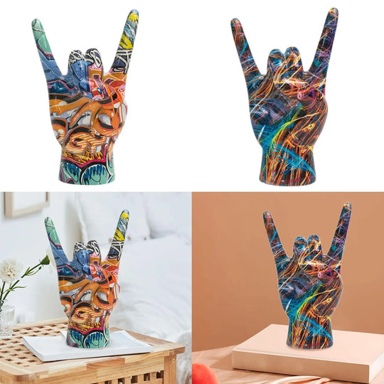 Rock on Hand Gesture Statue Art Figurine Home Decor Centerpiece Delicate Creative Sculpture for Cabinet Office Indoor Shelf Home