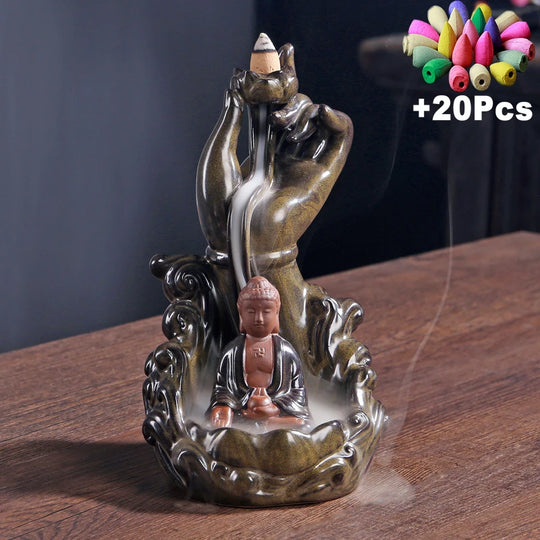 Incense Cones Stand Buddha Hand Monk Guanyin Blessing Lucky Feng Shui Decoration Waterfall Backflow