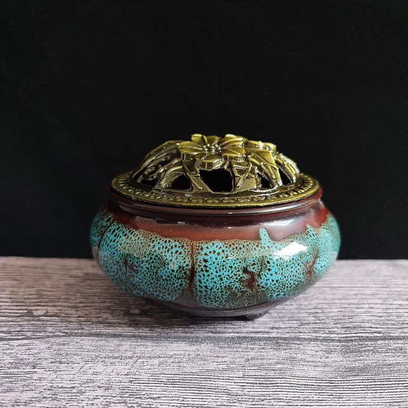 Ceramic Ice Crack Coil Incense Burner with Copper Cover