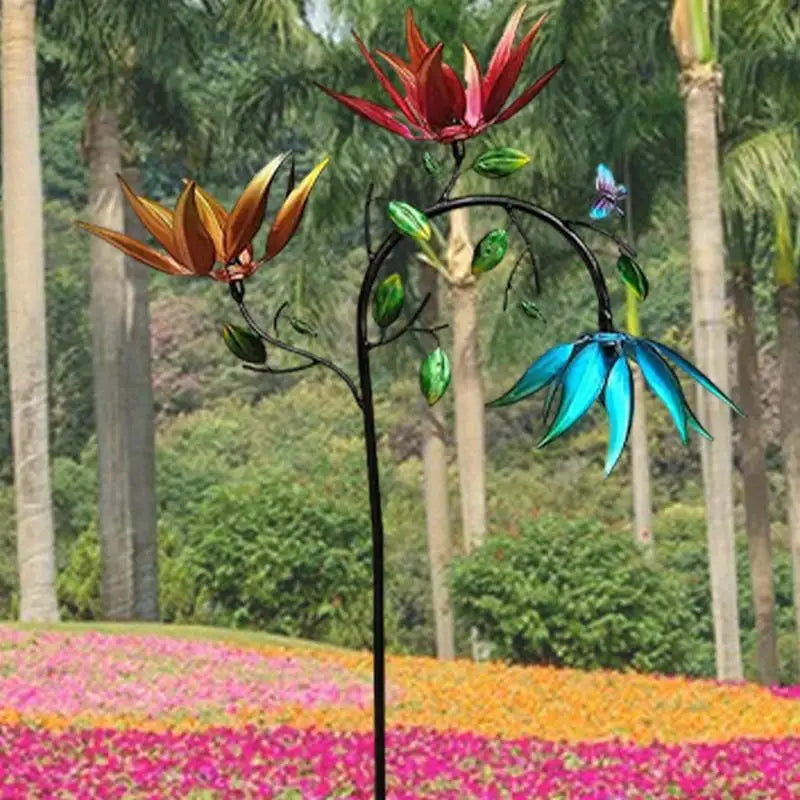 Large Metal Wind Spinner with Three Spinning Flowers Butterflies