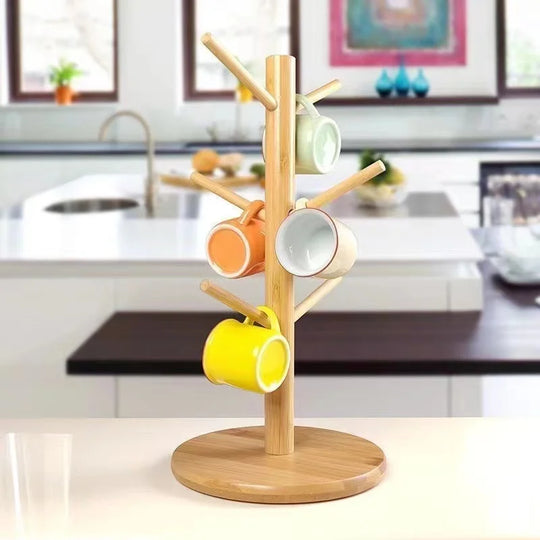 Bamboo Mug Hanging Display Rack Drinkware Shelf With 6 Hooks