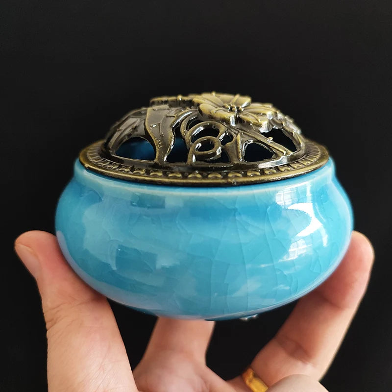 Ceramic Ice Crack Coil Incense Burner with Copper Cover