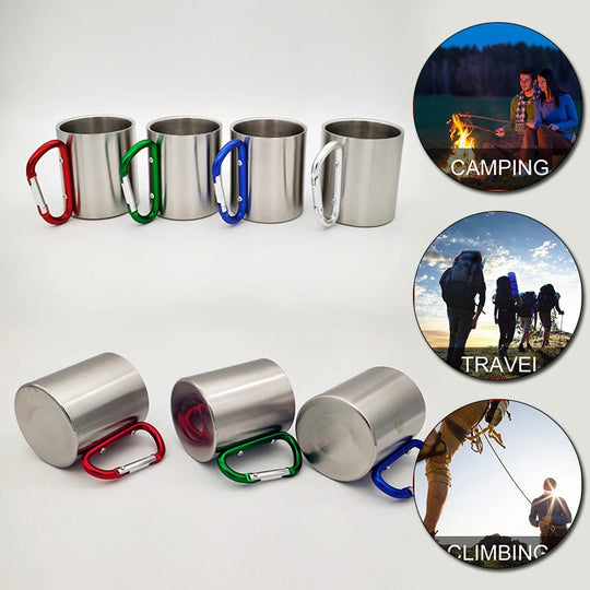 200ml Outdoor Camping Mug Stainless Steel Cup Traveling with Carabiner Handle Coffee Tea Mug Cookware Set Outdoor