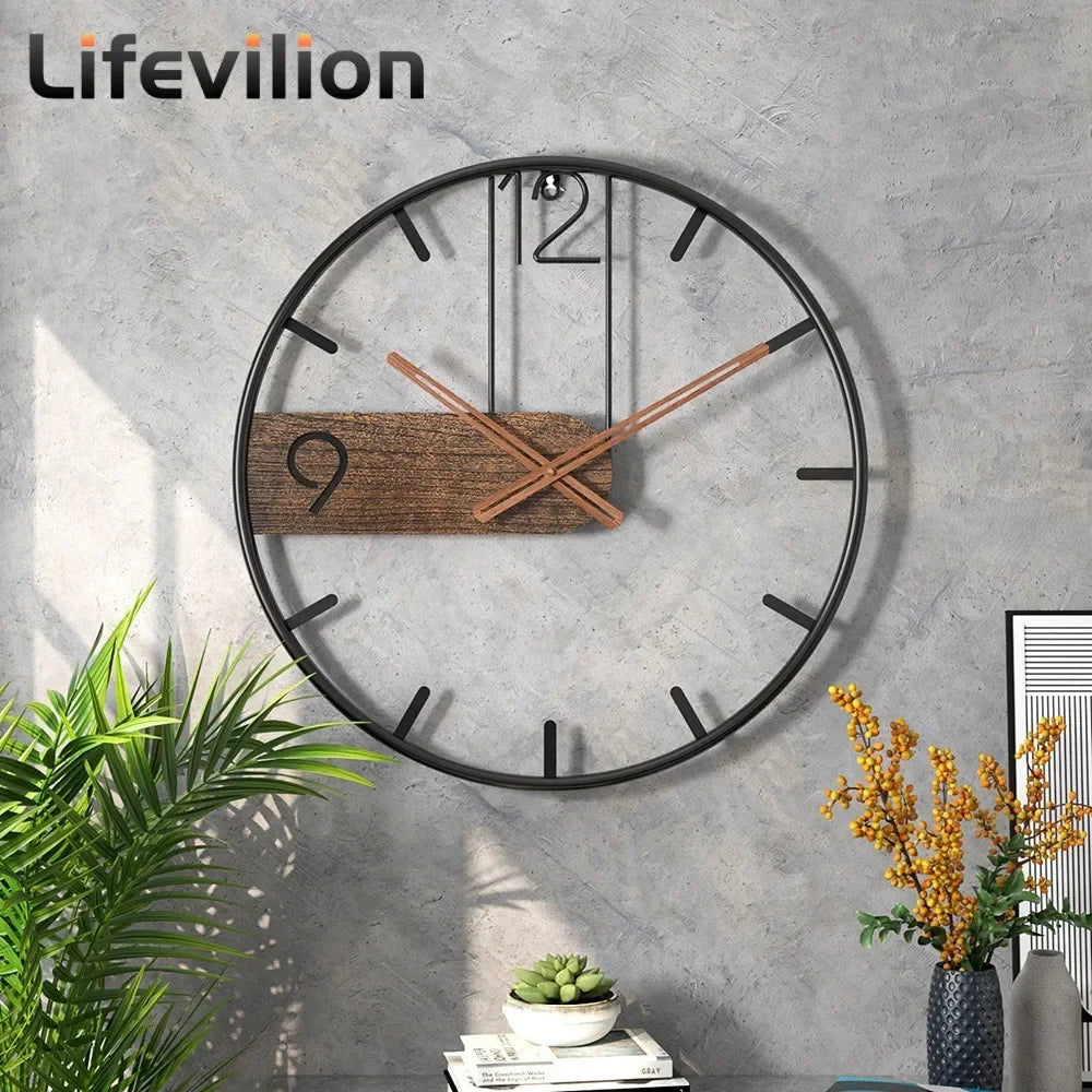 Iron Wall Clock Big Size 3D Nordic Metal Round Large Wall Watch Walnut Pionter Modern Clocks Decoration for Home Living Room