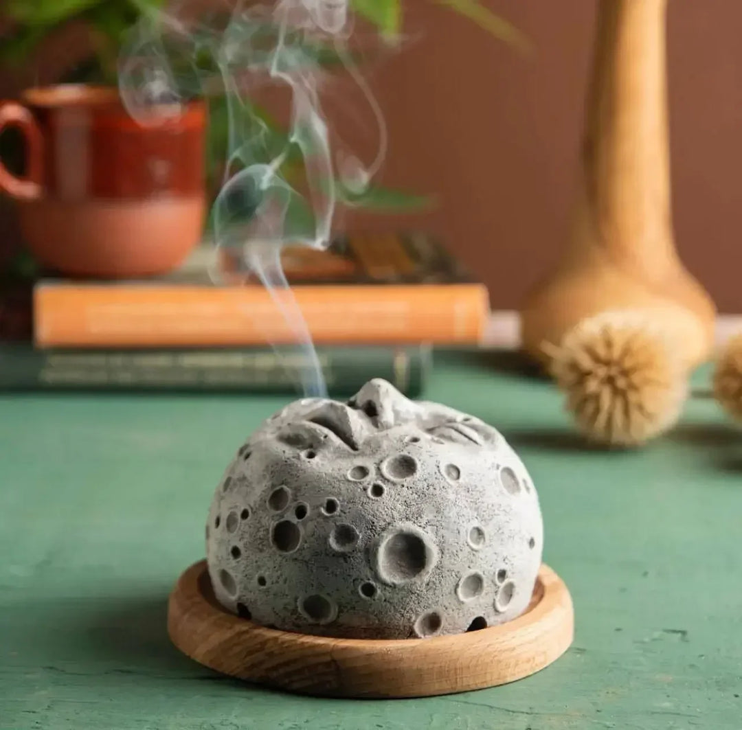 Home Incense Burner Holder Unique Moonscape Resin Handicrafts Moon Face Backflow Incense Base Zen Accessories Room Desk Decor