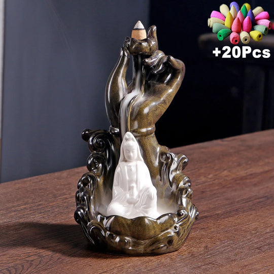 Incense Cones Stand Buddha Hand Monk Guanyin Blessing Lucky Feng Shui Decoration Waterfall Backflow