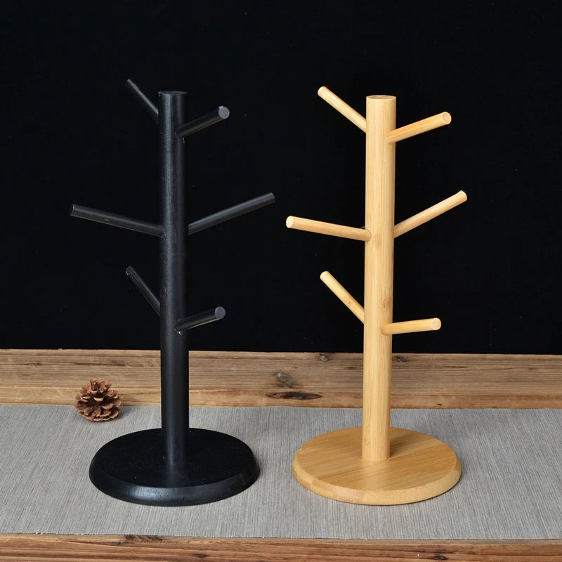 Bamboo Mug Hanging Display Rack Drinkware Shelf With 6 Hooks