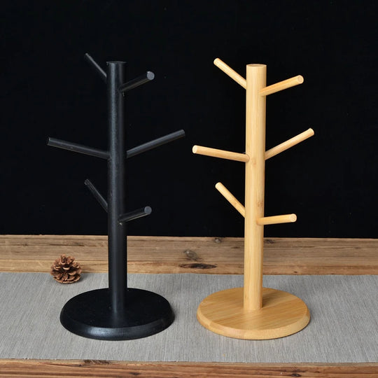 Bamboo Mug Hanging Display Rack Drinkware Shelf With 6 Hooks