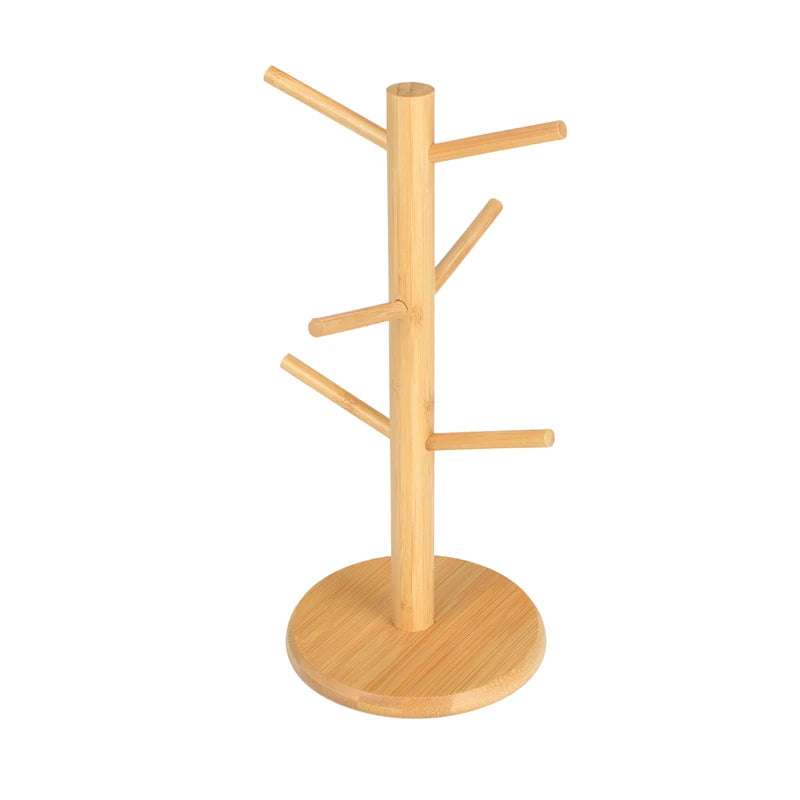Bamboo Mug Hanging Display Rack Drinkware Shelf With 6 Hooks