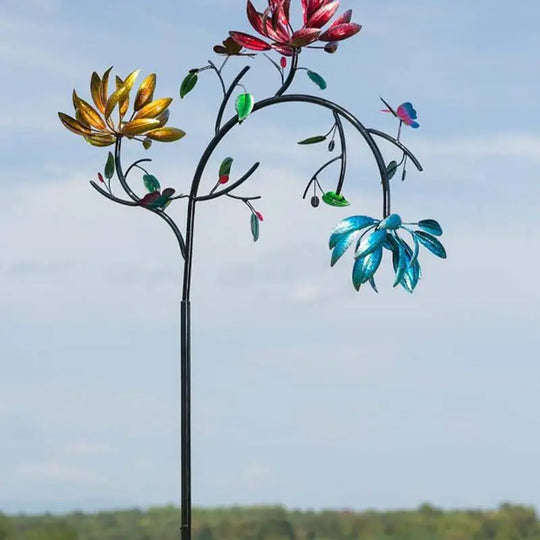 Large Metal Wind Spinner with Three Spinning Flowers Butterflies