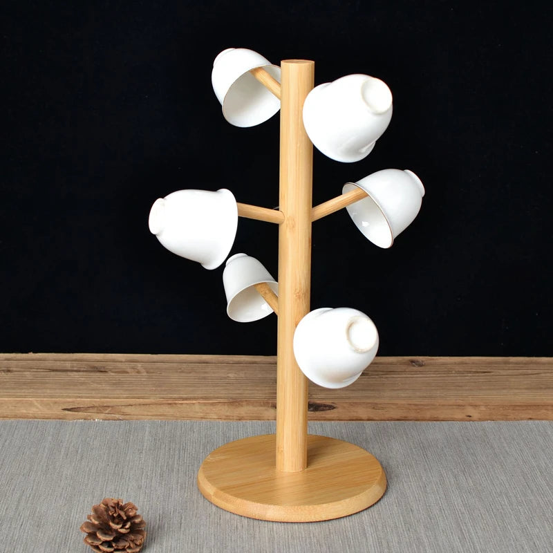 Bamboo Mug Hanging Display Rack Drinkware Shelf With 6 Hooks