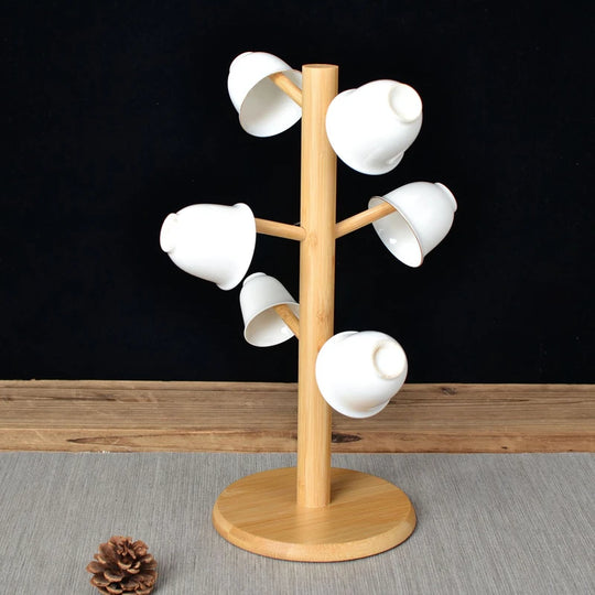Bamboo Mug Hanging Display Rack Drinkware Shelf With 6 Hooks