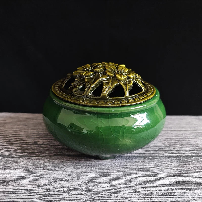 Ceramic Ice Crack Coil Incense Burner with Copper Cover