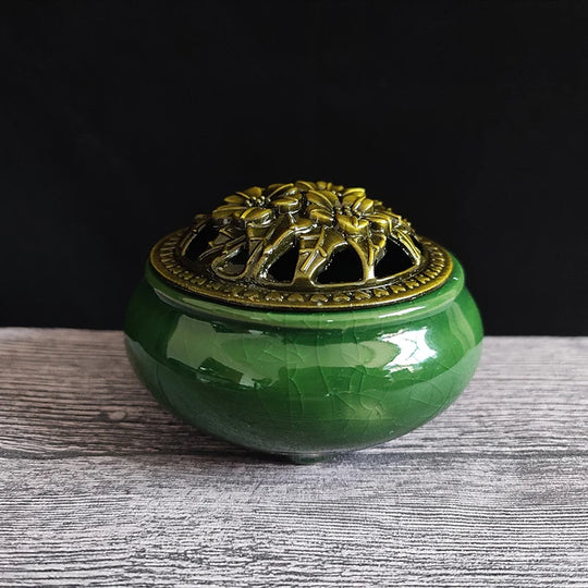 Ceramic Ice Crack Coil Incense Burner with Copper Cover
