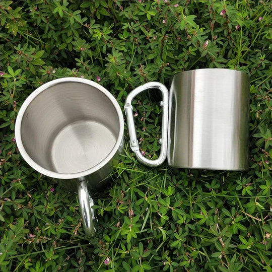 200ml Outdoor Camping Mug Stainless Steel Cup Traveling with Carabiner Handle Coffee Tea Mug Cookware Set Outdoor