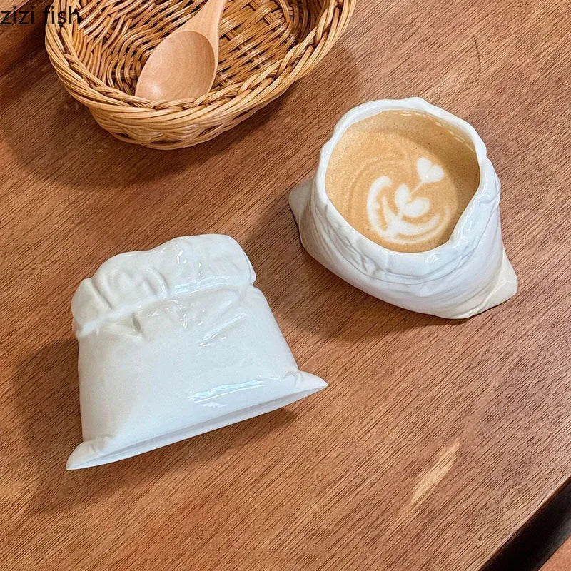 White Cloth Bag Coffee Cup Creative Ceramic Mug Concentrated Latte Cup Beverage Cup Milk Cups Juice Cups Household Drinkware
