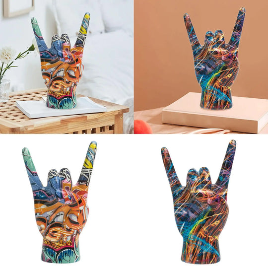 Rock on Hand Gesture Statue Art Figurine Home Decor Centerpiece Delicate Creative Sculpture for Cabinet Office Indoor Shelf Home