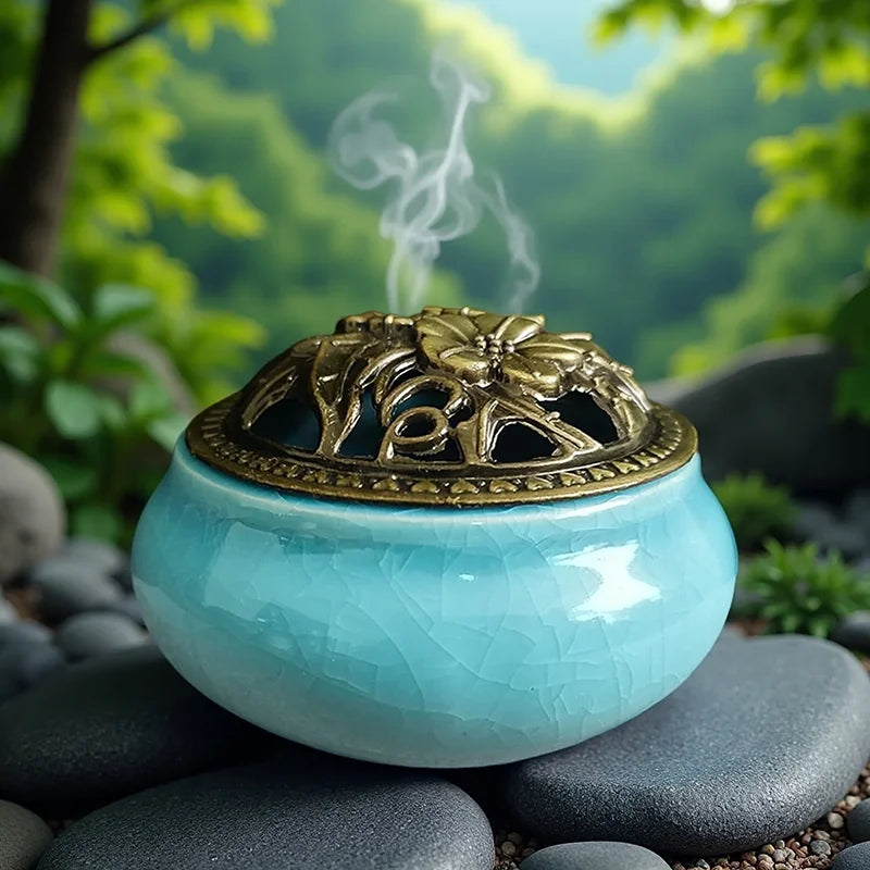 Ceramic Ice Crack Coil Incense Burner with Copper Cover