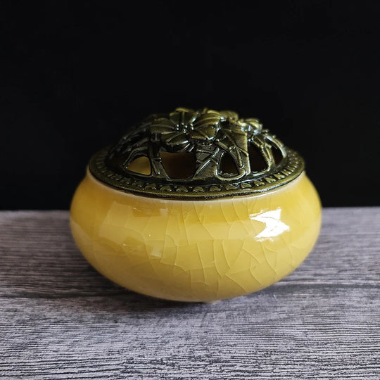 Ceramic Ice Crack Coil Incense Burner with Copper Cover