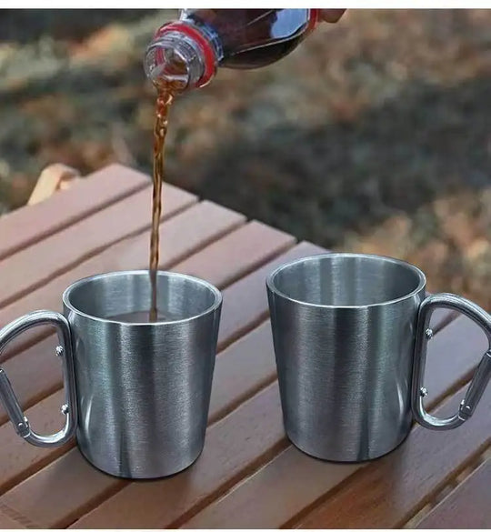 200ml Outdoor Camping Mug Stainless Steel Cup Traveling with Carabiner Handle Coffee Tea Mug Cookware Set Outdoor