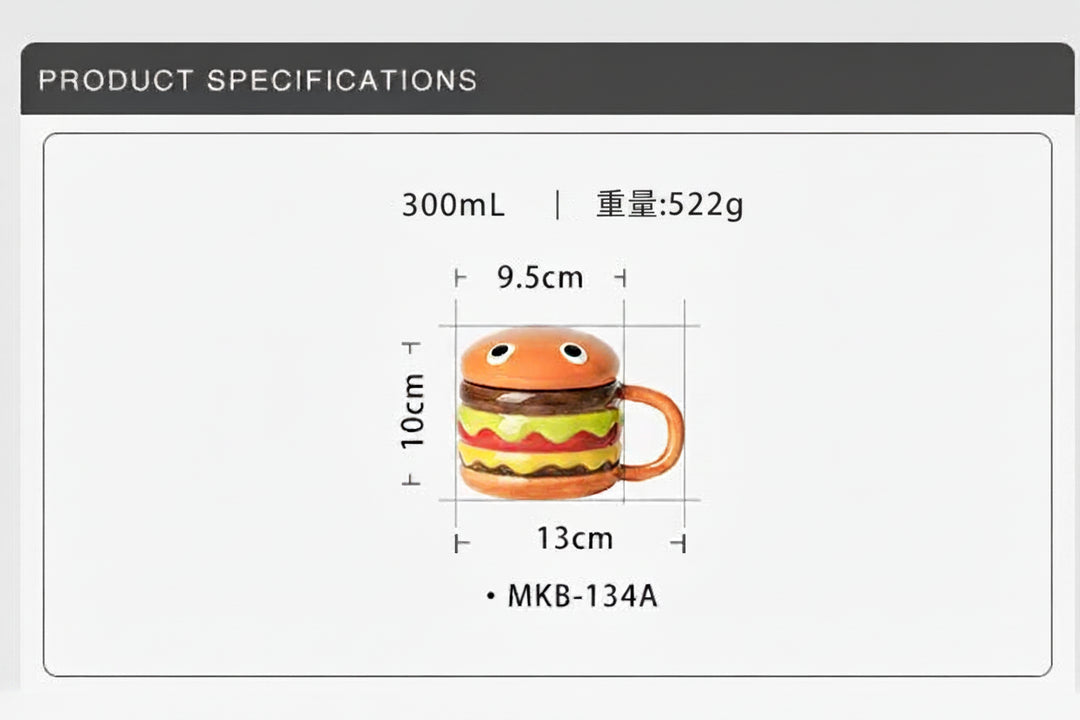 Hamburger-shaped mug with dimensions and specifications on a gray background. Remove all Chinese writing.
