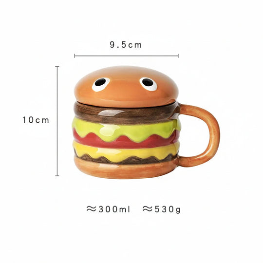 Hamburger-shaped mug with measurements on a white background. remove Chinese writing.
