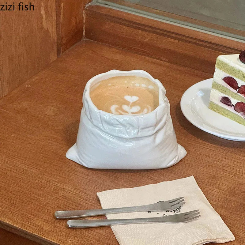 White Cloth Bag Coffee Cup Creative Ceramic Mug Concentrated Latte Cup Beverage Cup Milk Cups Juice Cups Household Drinkware