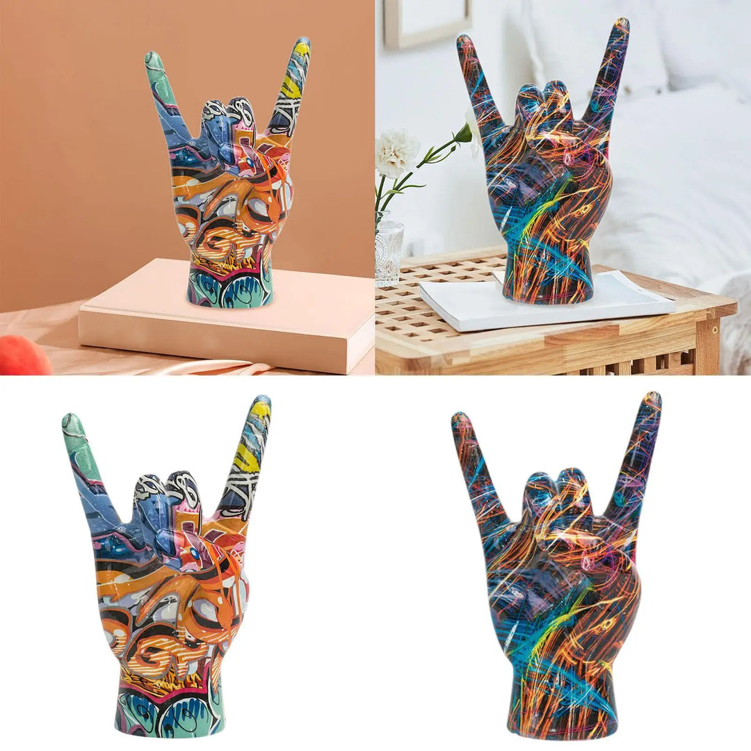 Rock on Hand Gesture Statue Art Figurine Home Decor Centerpiece Delicate Creative Sculpture for Cabinet Office Indoor Shelf Home