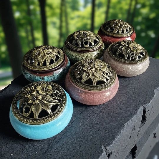 Ceramic Ice Crack Coil Incense Burner with Copper Cover